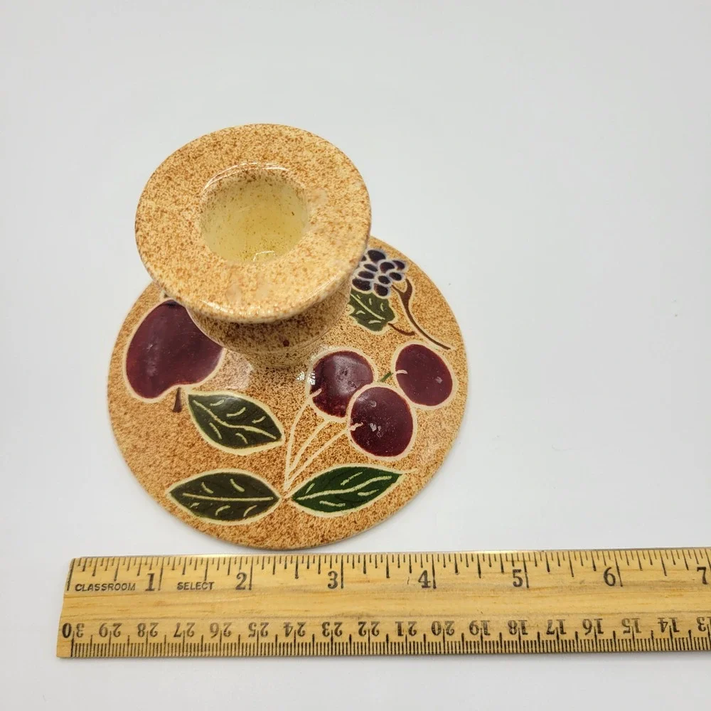 Folk Art Glazed Pottery Pair Candle Stick Holders Signed ARTIA Cherries Fruits